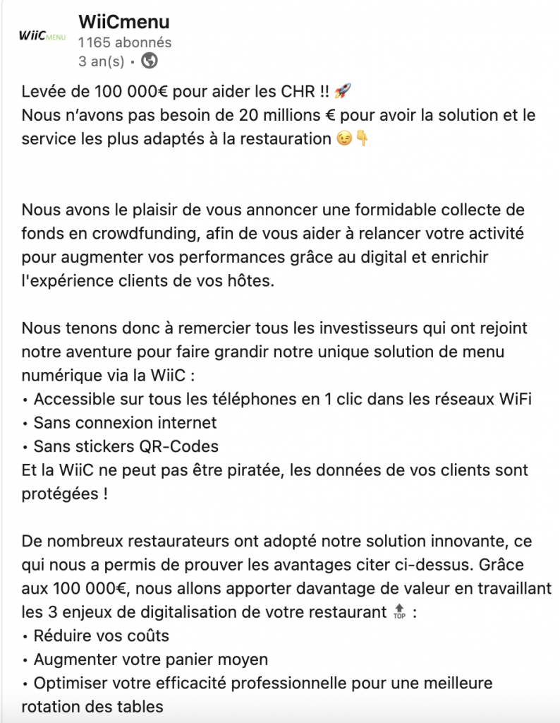 Post LinkedIn pour Wiicmenu - communication